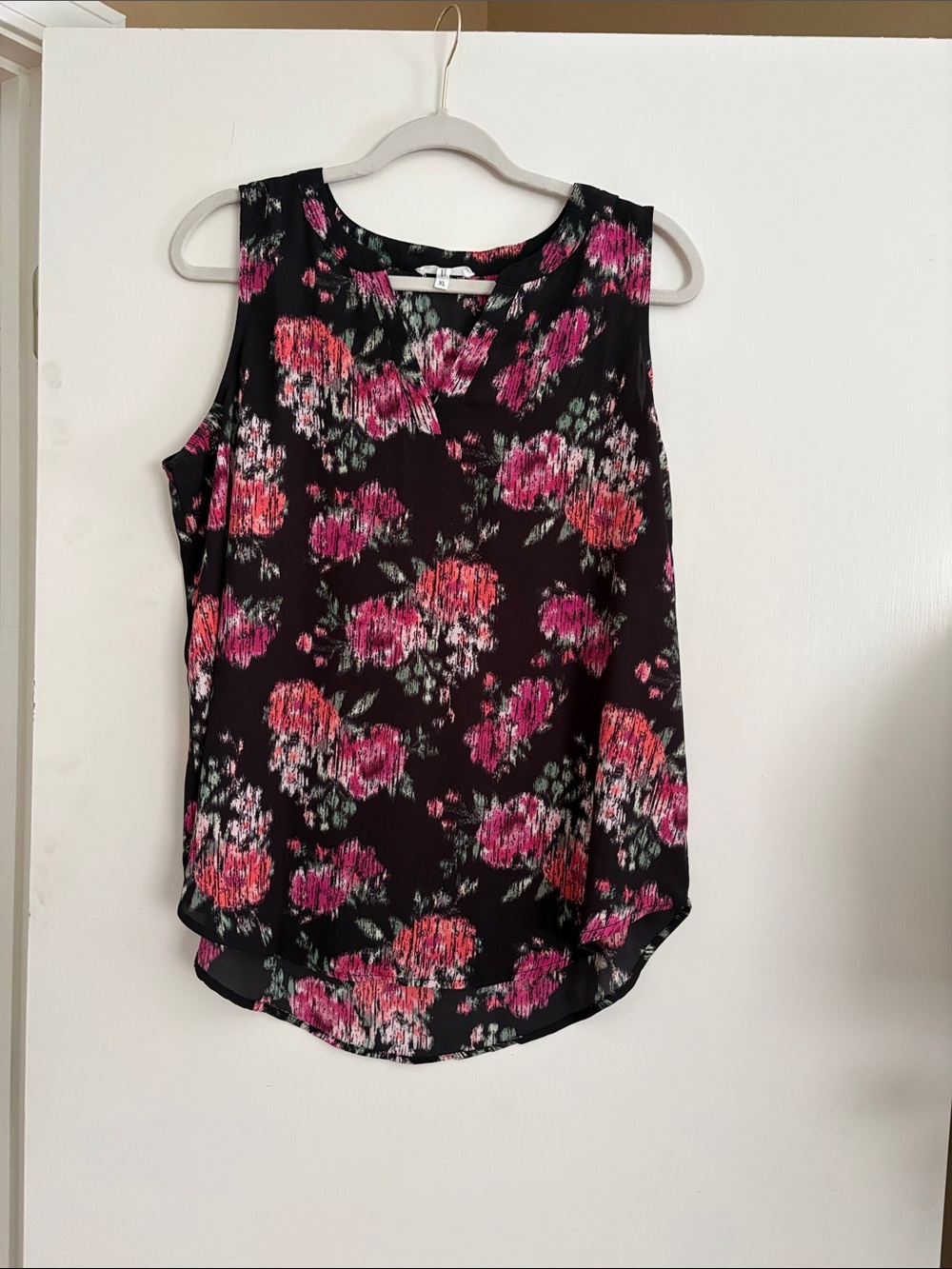 Maurices Black Floral Sleeveless Blouse with Pink and Coral Print